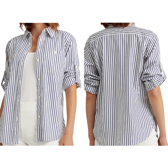 Lauren Ralph Lauren NWT White Cotton Navy Blue Striped Shirt Size Medium - Picture 1 of 16